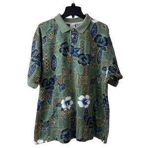 OP Ocean Pacific Sunwear Polo Shirt Men XXL Green Hawaiian Floral Vintage